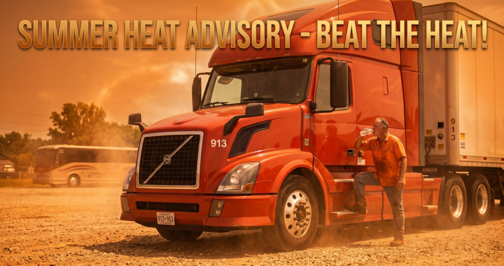 Image of a driver leaning on their truck during a heatwave. 