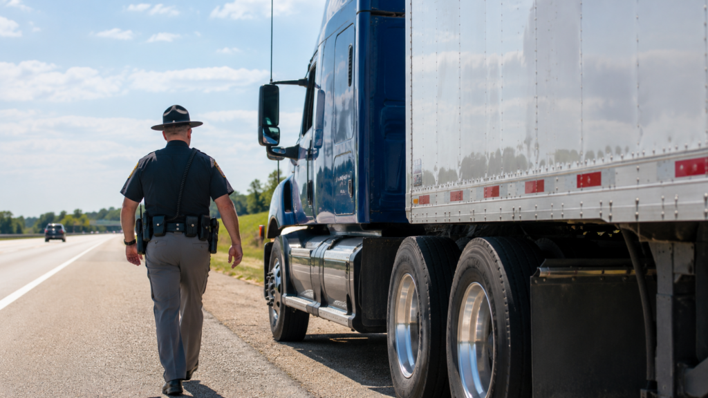A police officer walks up to the door of a semi truck.